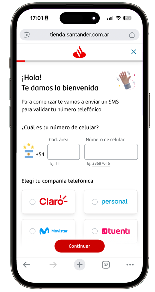 Banco Santander onboarding screen